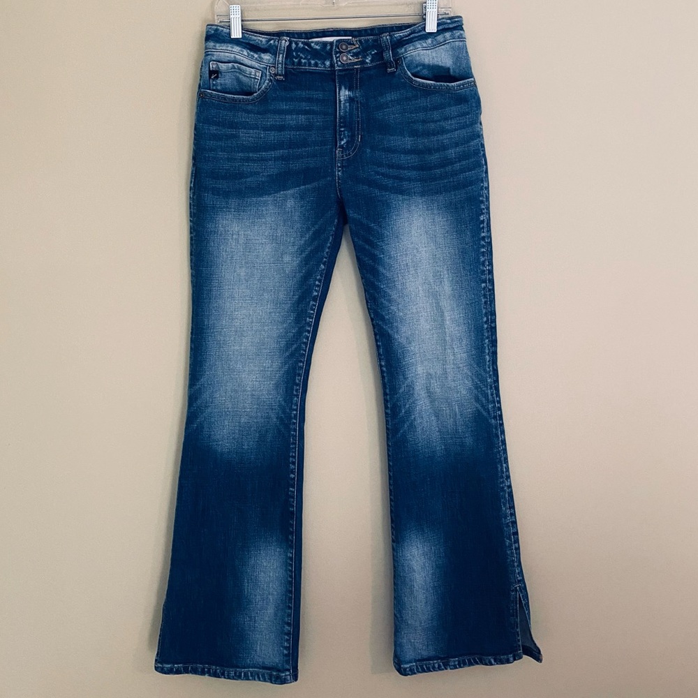 Kancan Flare High Rise Jeans with Fading/Whiskering and a Slit Hem Size 29